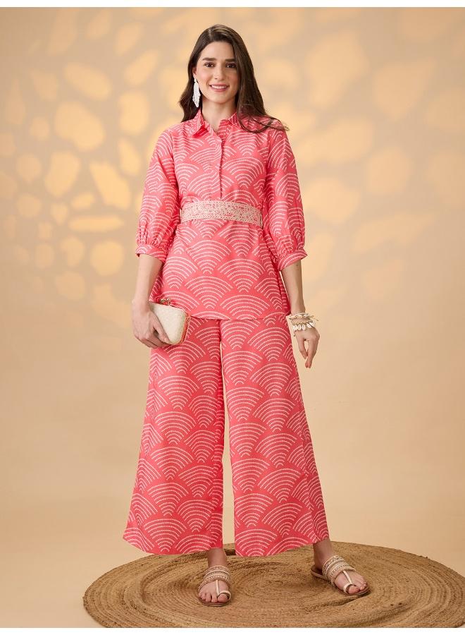 Globus Women Coral Shirt Collar Puff Sleeves Abstract Print Tunic With Palazzos & Embroidered Belt Festive Co-Ord Set - Image 1